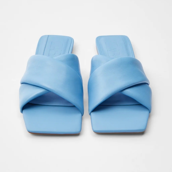 Zara flat leather padded blue sandals - Picture 2 of 7